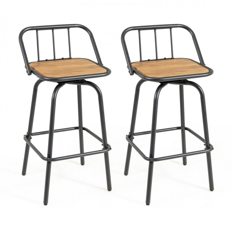 Set of 2 black and natural 360° swivel bar stools with curved backrest and footrest, ideal for dining or kitchen use.