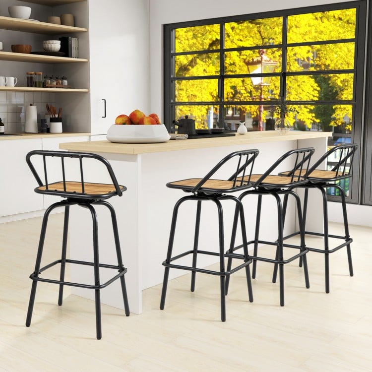 360° swivel bar stools in black and natural wood, featuring a curved backrest and footrest, perfect for kitchen or.