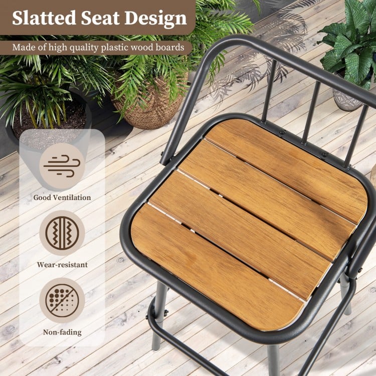 Slatted seat design of a 360° swivel bar stool, featuring a natural plastic wood surface and sturdy black metal frame.