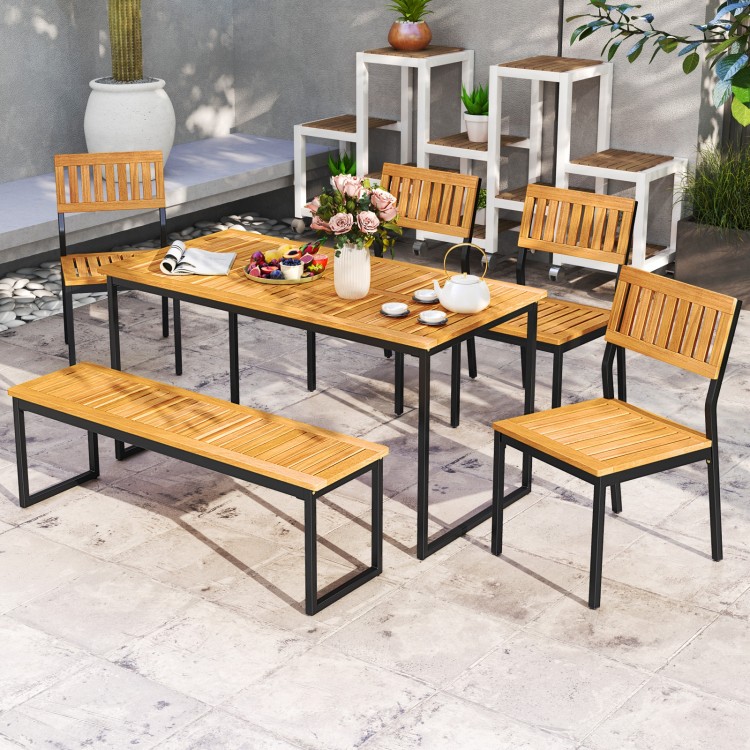 Outdoor acacia wood dining set with bench and chairs, featuring a 2-inch umbrella hole, perfect for patio gatherings.