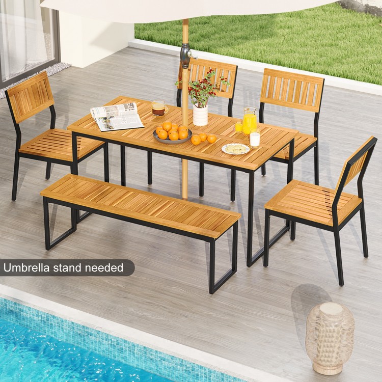 Outdoor acacia wood dining set with bench, featuring a rectangular table and ergonomic chairs, ideal for patio.
