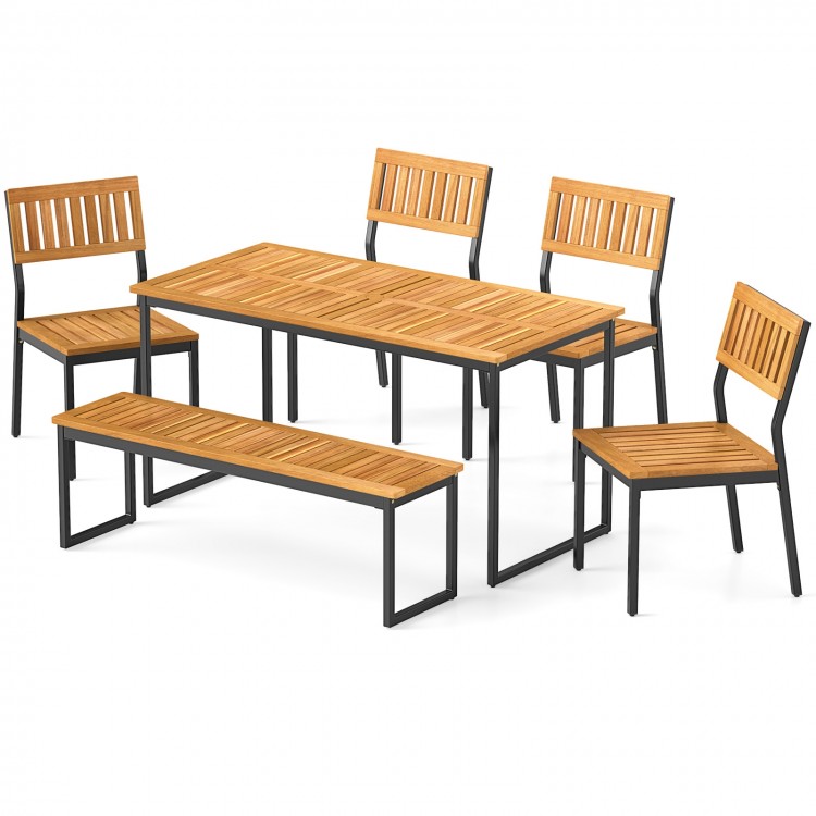 Outdoor acacia wood dining set featuring a rectangular table, bench, and four ergonomic chairs, ideal for patio.