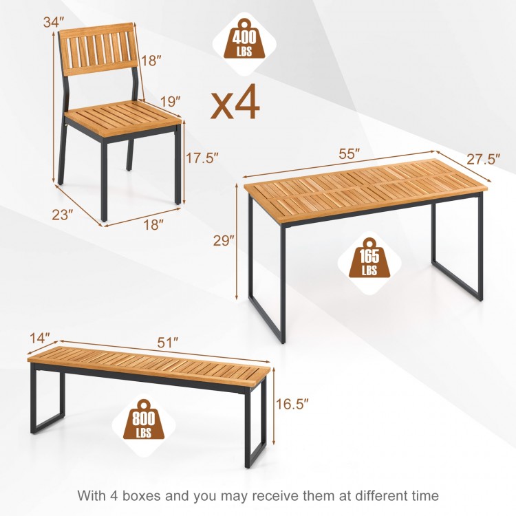 Acacia wood dining set featuring four ergonomic chairs and a sturdy bench, ideal for outdoor patio gatherings.