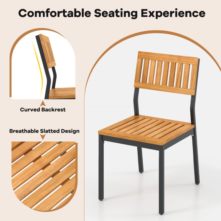 Single acacia wood patio chair with slatted design and curved backrest, perfect for outdoor dining and relaxation.