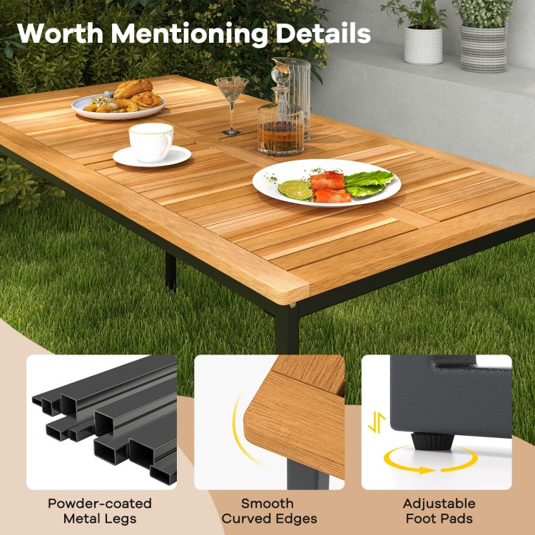 Rectangular acacia wood dining table with smooth surface, metal legs, and adjustable foot pads, ideal for outdoor.