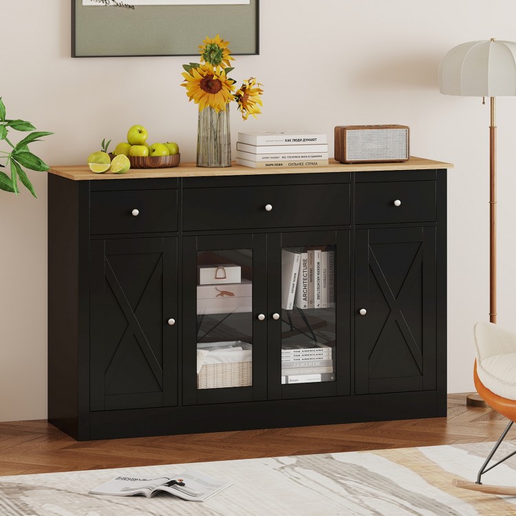 Large black buffet sideboard with 3 drawers and 2 see-through doors, perfect for kitchen storage and display.