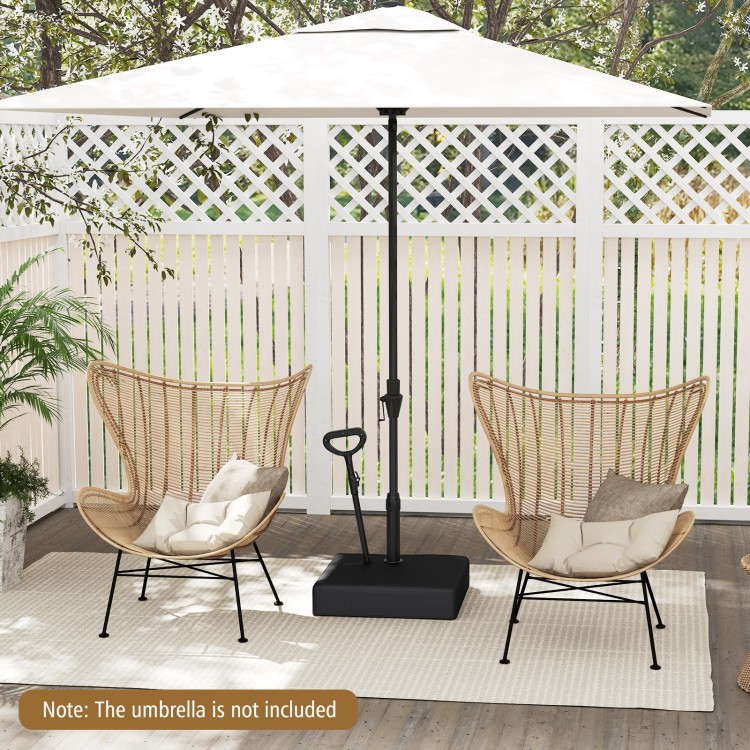 Mobile patio umbrella base with wheels, designed for stability and easy transport, suitable for various umbrella sizes.