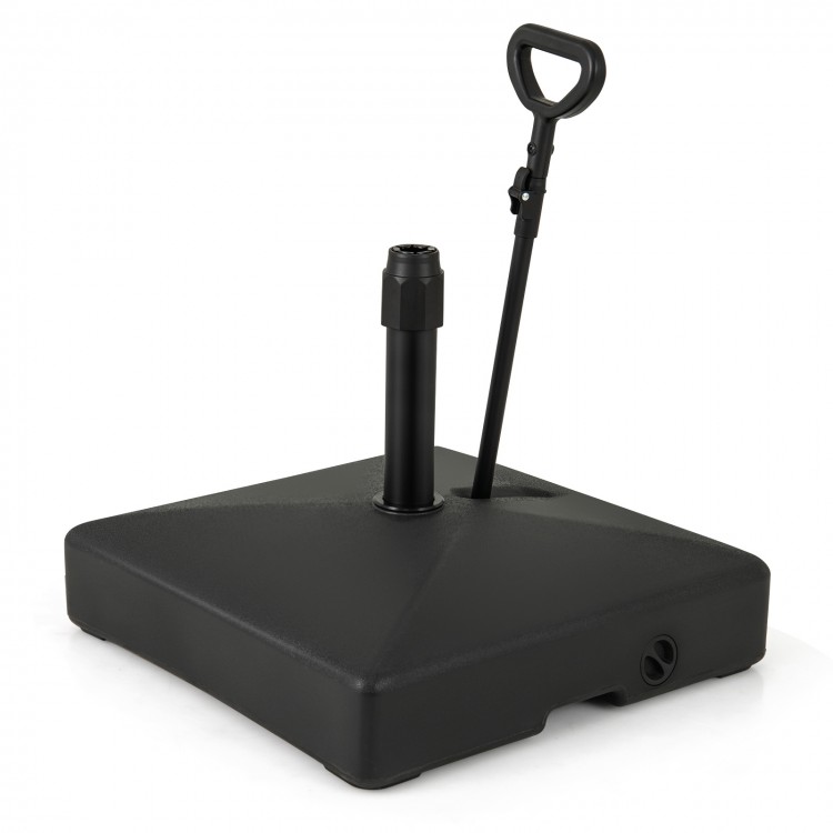 Mobile patio umbrella base in black, fillable with sand or water, features wheels for easy transport and stability.