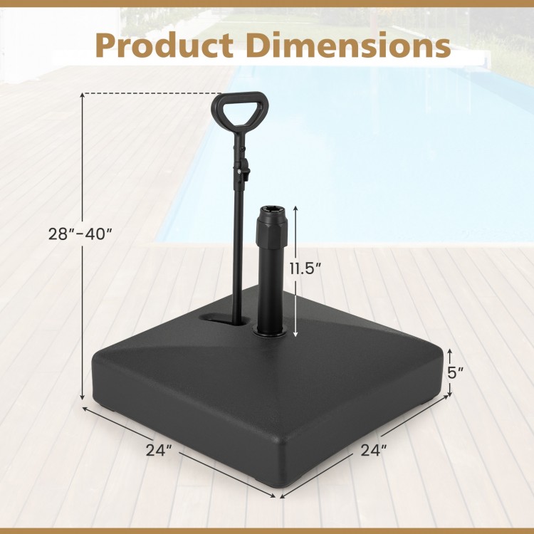 Mobile patio umbrella base with dimensions 24" x 24", 5" height, featuring wheels for easy transport and stability.