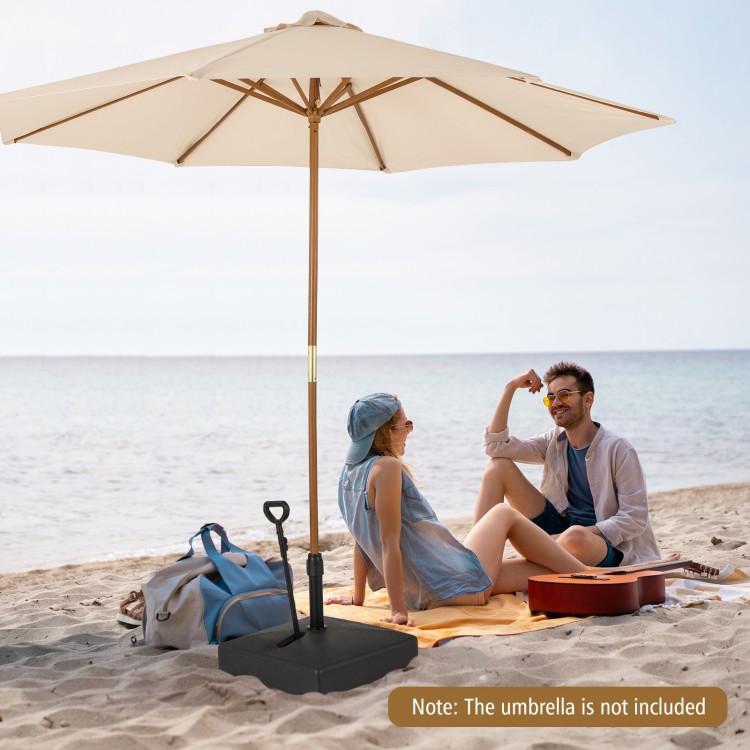 Mobile patio umbrella base with wheels, filled with sand or water for stability, ideal for outdoor use at beaches or.