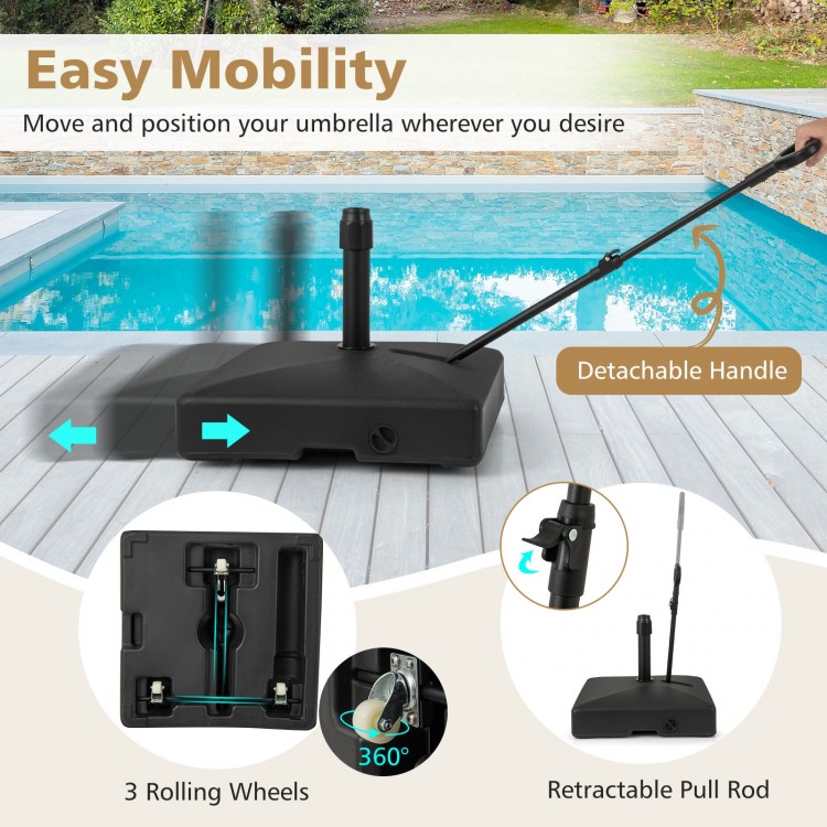 Mobile patio umbrella base with 3 wheels, retractable pull rod, and water/sand fillable for easy transport and.