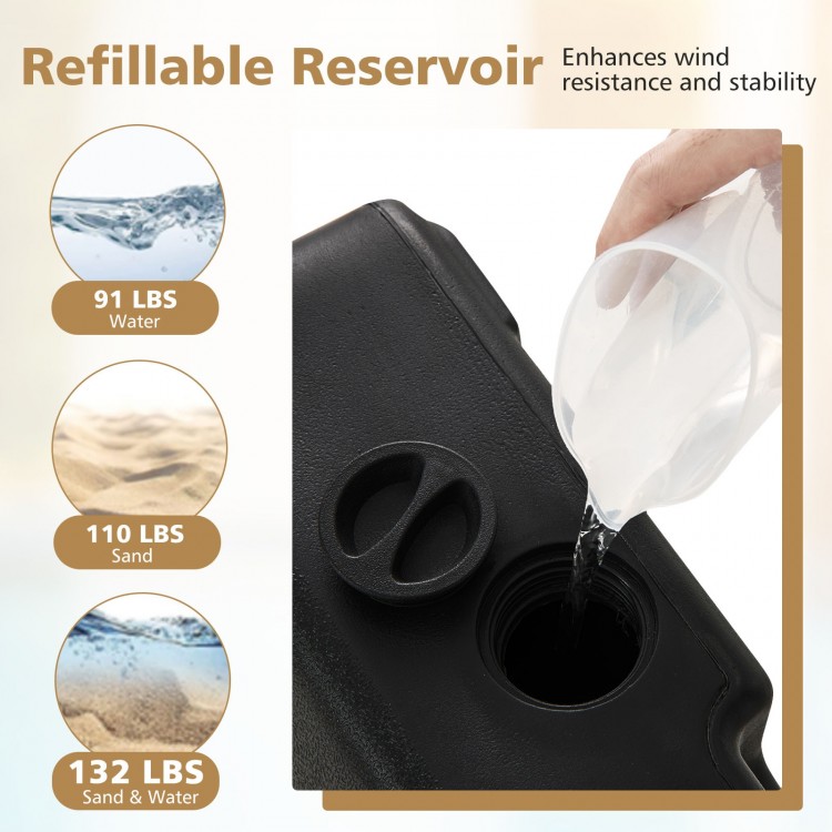 Close-up of the refillable reservoir for the black mobile patio umbrella base, designed for stability with sand or.