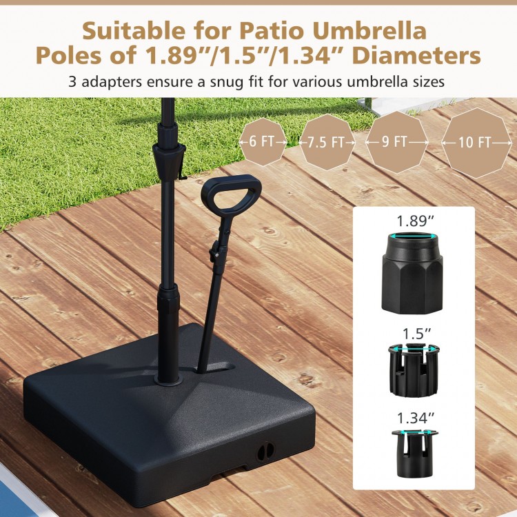 Mobile patio umbrella base in black with wheels, designed for 1.89"/1.5"/1.34" poles, ideal for stability and easy.