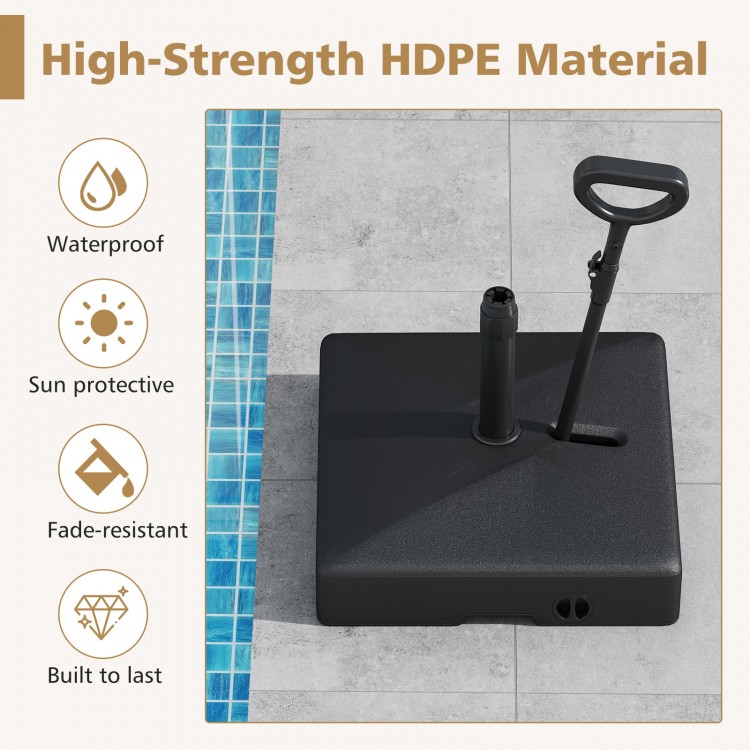 Mobile patio umbrella base in black, made of high-strength HDPE, featuring wheels for easy transport and stability.