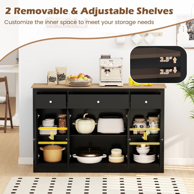 Large black buffet sideboard with adjustable shelves, three drawers, and two see-through doors for versatile kitchen.