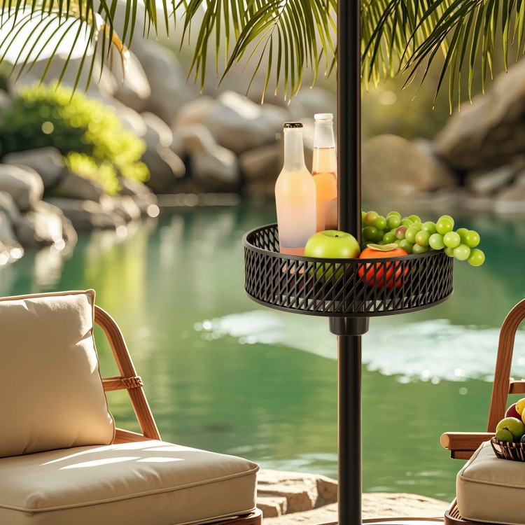 Patio umbrella table tray in black, holding drinks and snacks by a pool, perfect for outdoor gatherings.