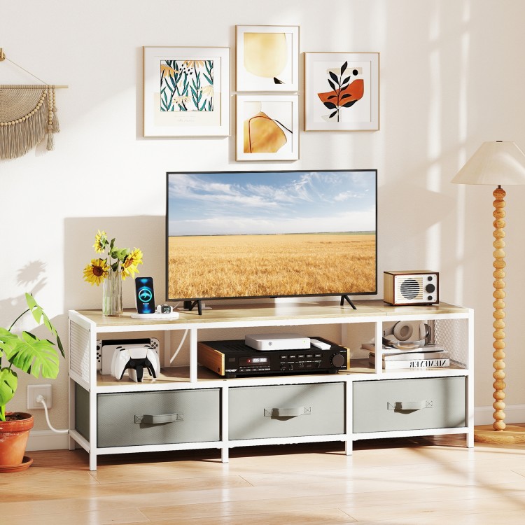 TV stand for TVs up to 65 inches featuring 3-tier storage, built-in power outlets, and removable fabric drawers.