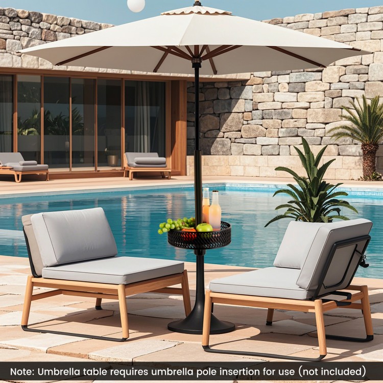 Patio umbrella table tray in black with adjustable adapters, perfect for holding snacks and drinks during outdoor.