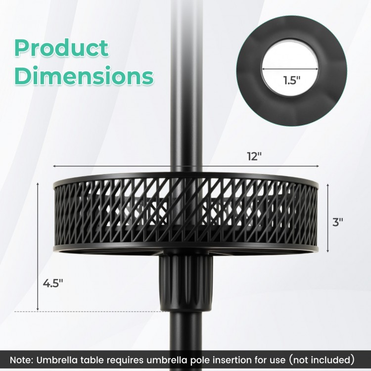 Adjustable black patio umbrella table tray with 12" diameter, designed for stability and easy assembly for outdoor use.