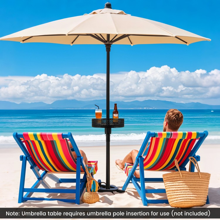 Patio umbrella table tray in black, adjustable with storage, ideal for snacks and drinks during outdoor gatherings.