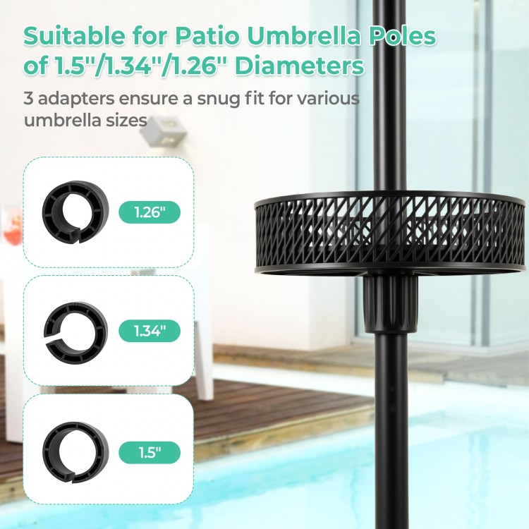 Patio umbrella table tray in black with three adjustable adapters for 1.5", 1.34", and 1.26" pole diameters. Ideal for.