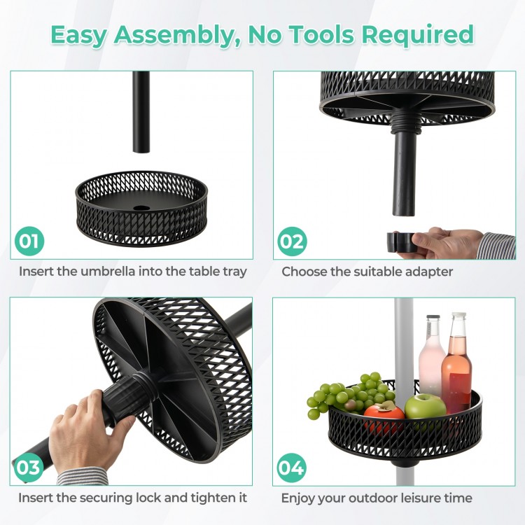 Patio umbrella table tray in black with adjustable adapters, designed for easy assembly and outdoor use.