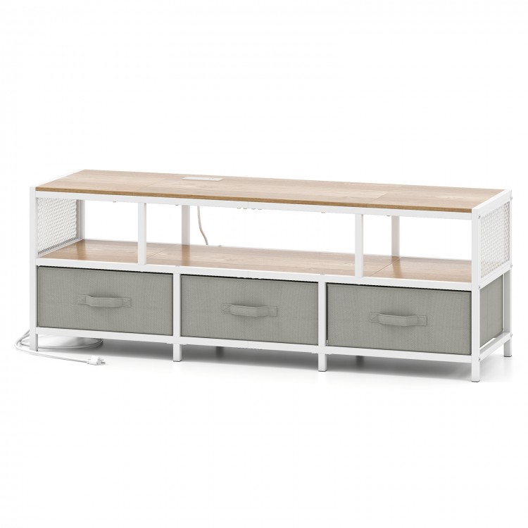 TV stand with natural wood finish, three removable fabric drawers, and built-in power outlets for organized.