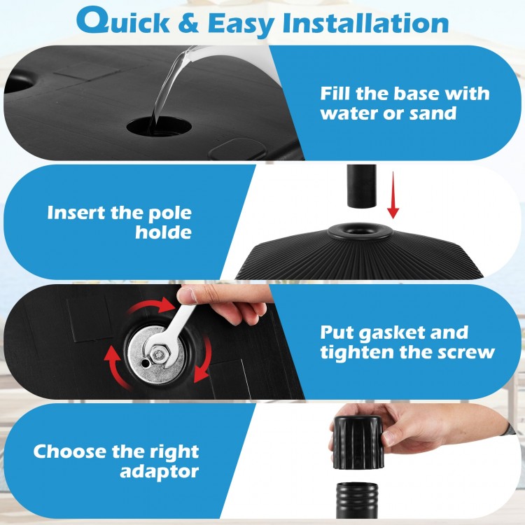 Fillable umbrella base with shell texture, featuring three coupler sizes for 6-10 ft patio umbrellas, easy installation.
