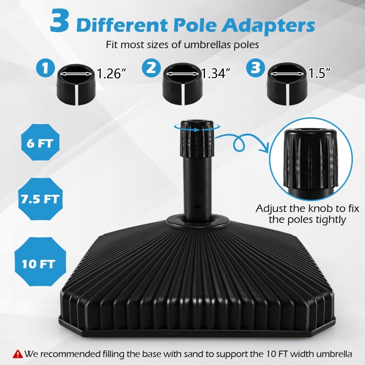 Fillable umbrella base in black with shell texture, featuring 3 coupler sizes for 6-10 ft patio umbrellas.