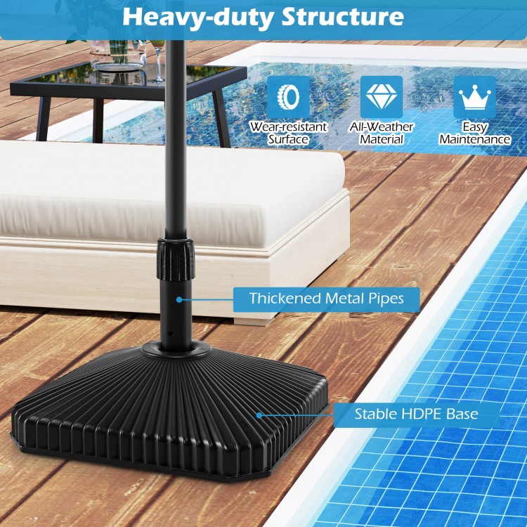 Fillable umbrella base in black with shell texture, made of HDPE, designed for 6-10 ft patio umbrellas, ensuring.