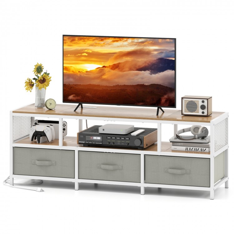 TV stand for TVs up to 65 inches featuring a natural wood finish, 3-tier storage, and built-in power outlets for.