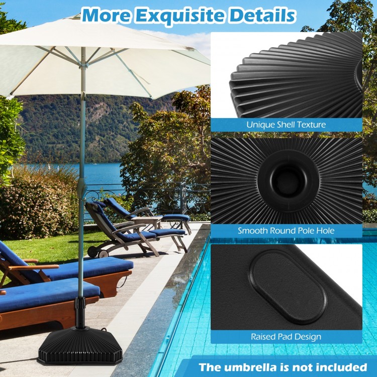 Fillable umbrella base in black with shell texture, designed for 6-10 ft umbrellas, featuring a non-slip bottom for.
