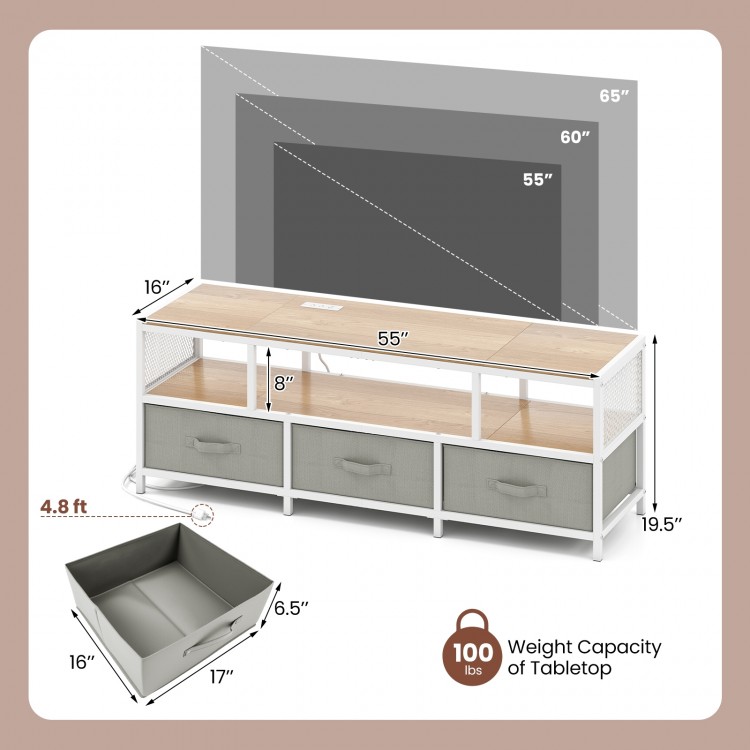 TV stand with natural wood finish, 55" tabletop, 3 fabric drawers, and built-in power outlets for organized.