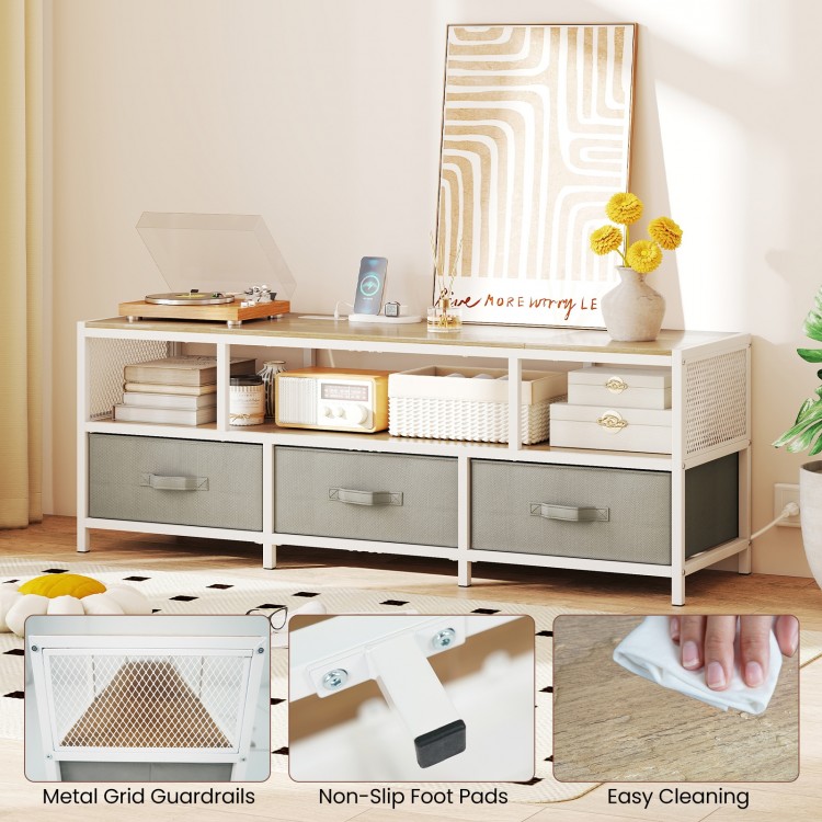 TV stand with a 55" tabletop, 3-tier storage, built-in power outlets, and removable fabric drawers for organized.