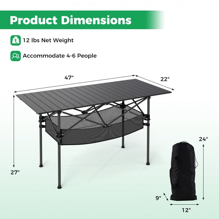 Patio folding camping table with roll-up aluminum tabletop, 47" x 22", accommodates 4-6 people, includes mesh basket.