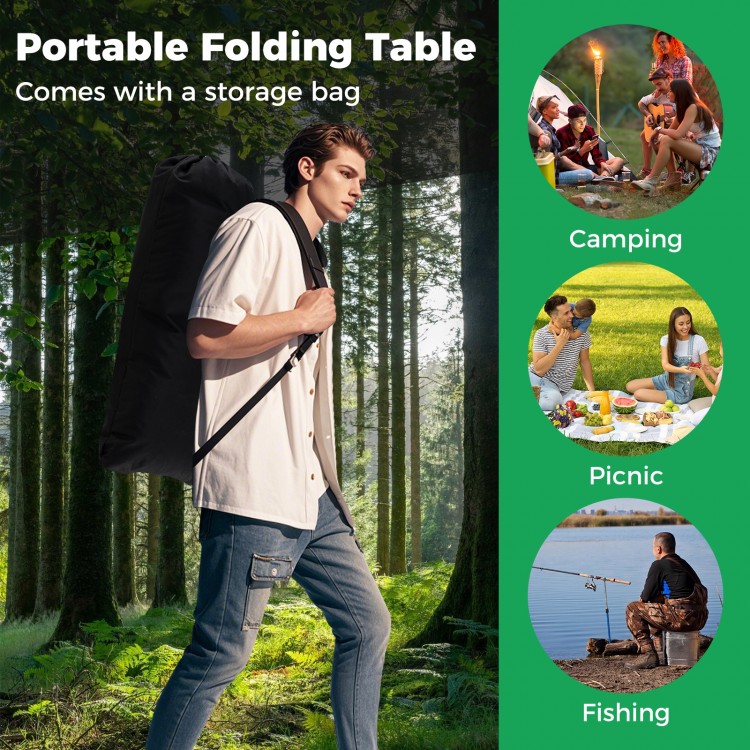 Portable folding camping table with roll-up aluminum tabletop, mesh basket, and storage bag for easy transport.
