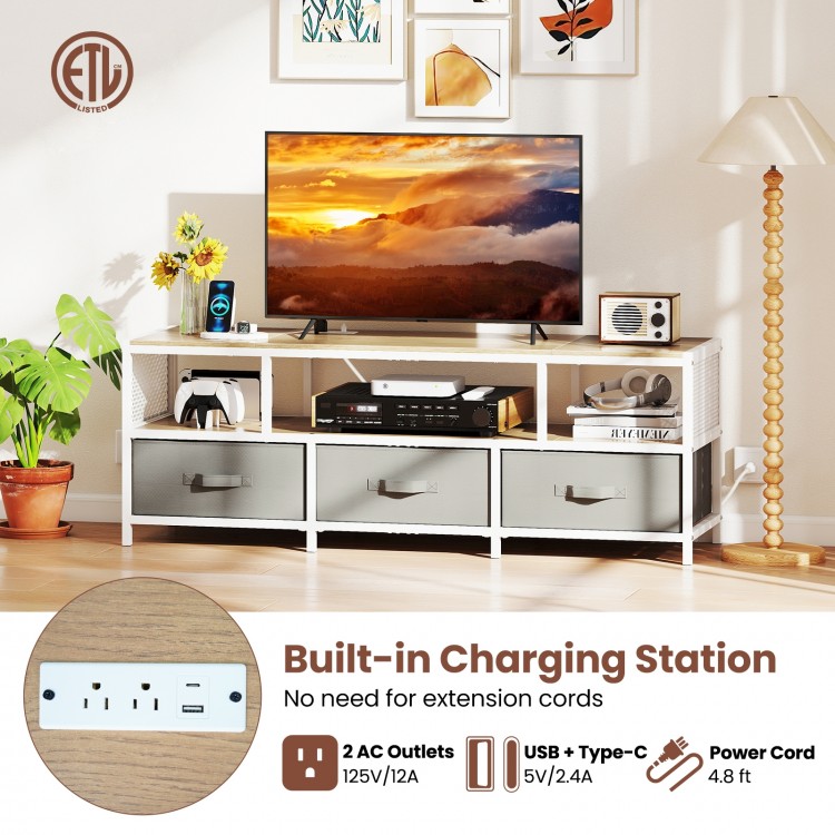 TV stand with built-in charging station, featuring 2 AC outlets and USB ports, designed for TVs up to 65 inches.