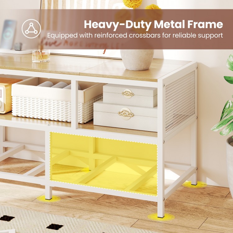 Heavy-duty metal frame TV stand with reinforced crossbars, featuring 3-tier storage and built-in charging station.