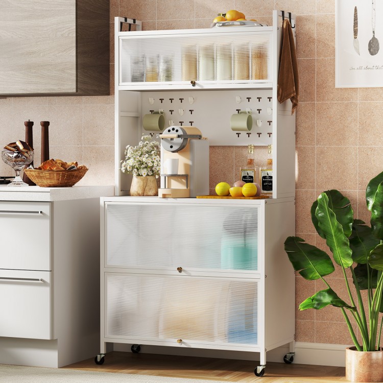 5-tier white kitchen bakers rack with flip door cabinets, built-in LED lights, and universal wheels for versatile.