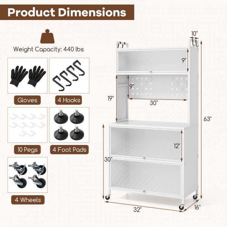 5-tier kitchen bakers rack in white with adjustable foot pads, wheels, and built-in LED lights for versatile storage.