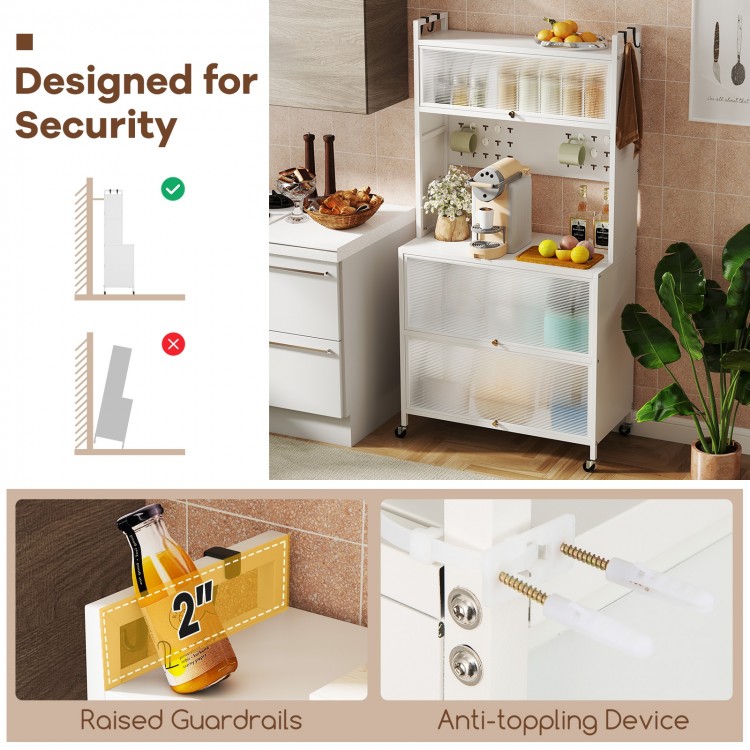 5-tier kitchen bakers rack with flip door cabinets, raised guardrails, and built-in LED lights for versatile storage.