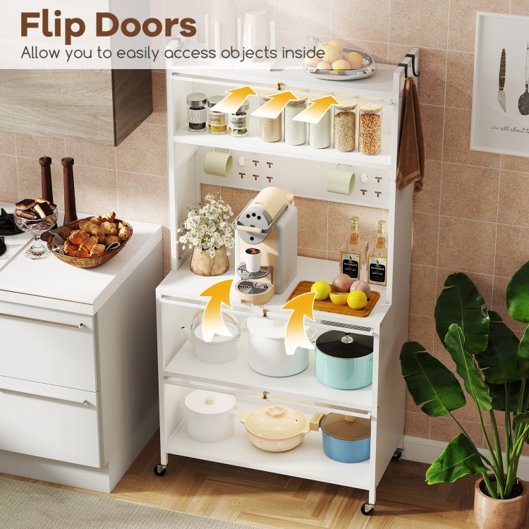 5-tier kitchen bakers rack in white with flip door cabinets, LED lights, and adjustable wheels for versatile storage.