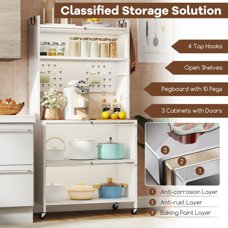 5-tier kitchen bakers rack with flip door cabinets, adjustable foot pads, and built-in LED lights for versatile storage.