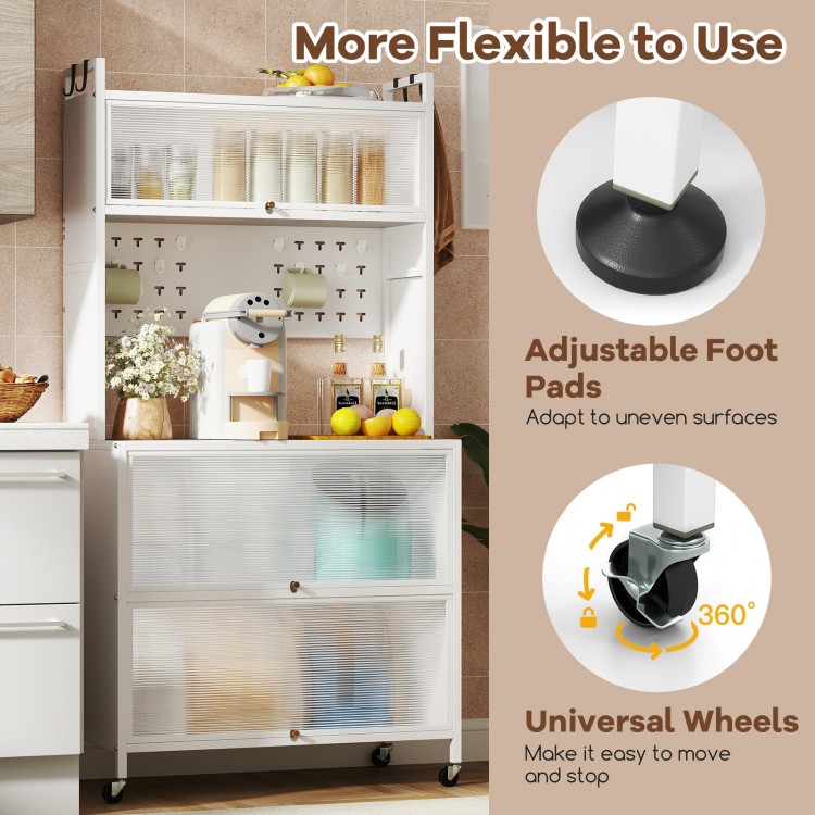 5-tier kitchen bakers rack in white with flip doors, adjustable foot pads, and universal wheels for versatile storage.