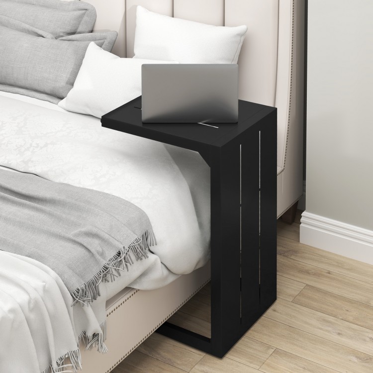 C-shaped end table in black with adjustable foot pads, perfect as a nightstand or coffee table for small spaces.