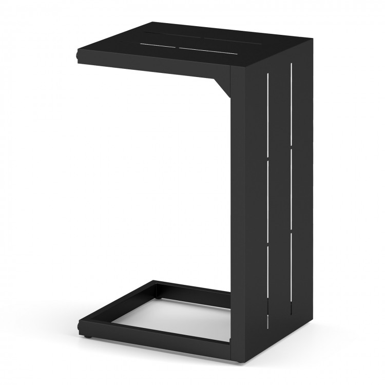 C-shaped black end table with adjustable foot pads, ideal for small spaces, versatile for indoor and outdoor use.