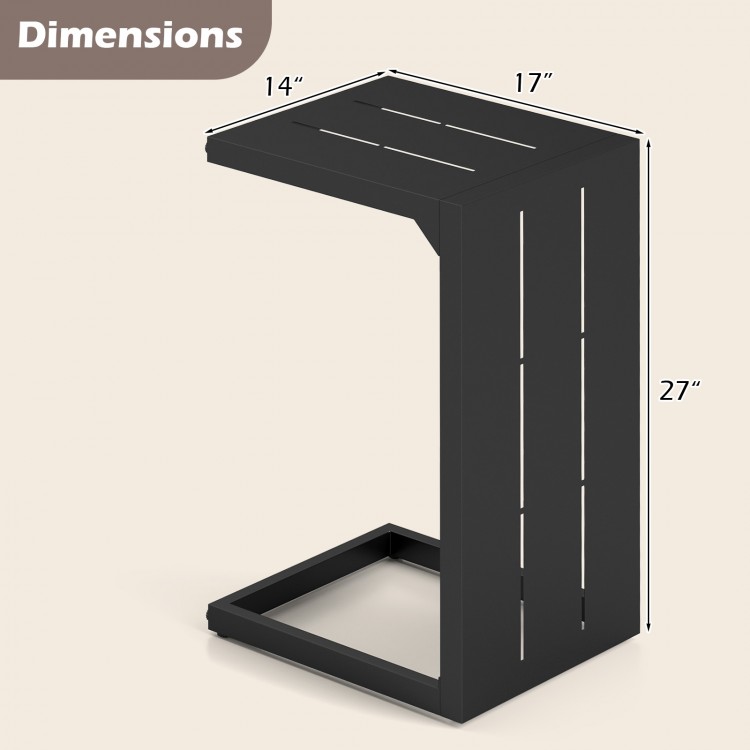 C-shaped end table in black, featuring dimensions of 14" x 17" x 27", ideal for space-saving indoor and outdoor use.