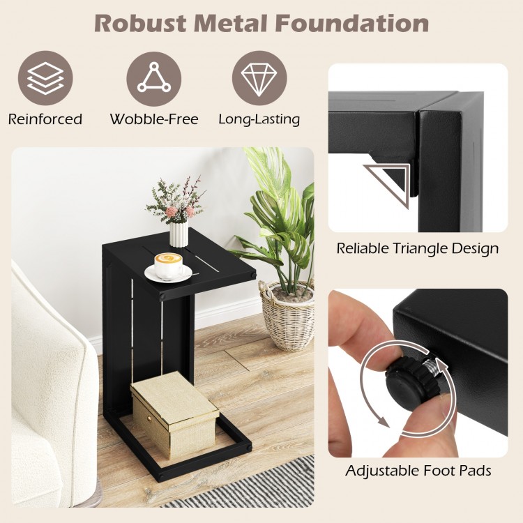 C-shaped end table in black with robust metal foundation and adjustable foot pads, ideal for space-saving use.