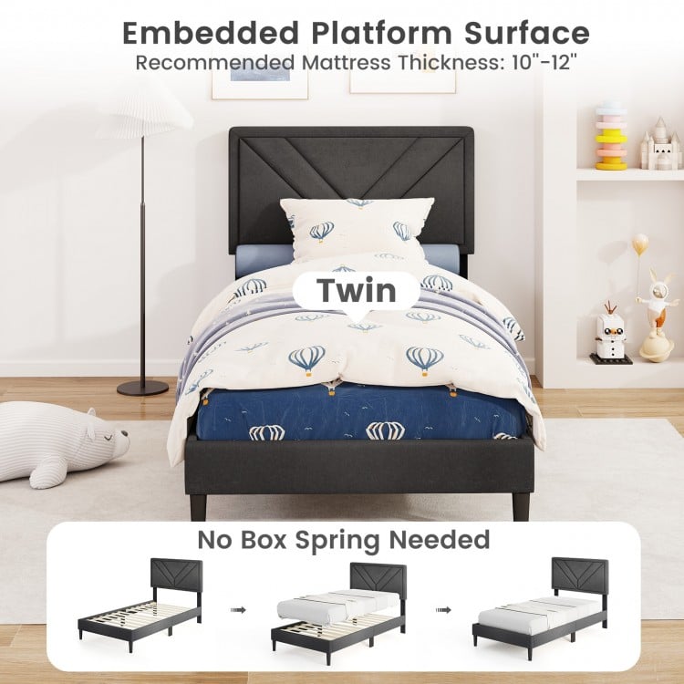 Upholstered twin platform bed with tufted headboard, faux linen fabric, and wooden slats, no box spring needed.