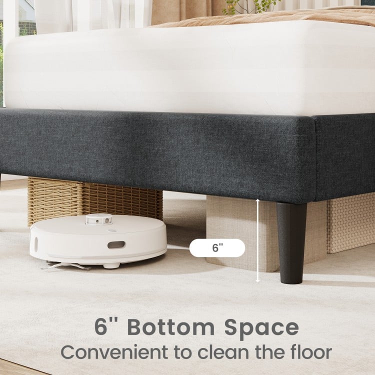 Upholstered platform bed with tufted headboard showing 6" bottom space for easy floor cleaning and robust wooden slats.